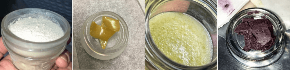 Examples of cannabis concentrates in different forms, including isolate, rosin, live resin and pressed hash