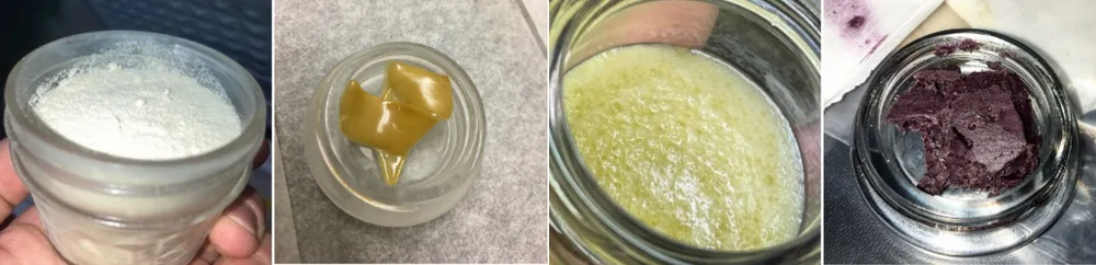 Examples of cannabis concentrates in different forms, including isolate, rosin, live resin and pressed hash