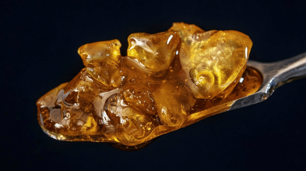 High-purity cannabis extract concentrate with a translucent amber-gold appearance