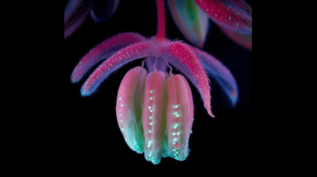 Male cannabis flowers with pollen sacs fluorescing green with UVIV (Ultraviolet-Induced Visible Fluorescence)