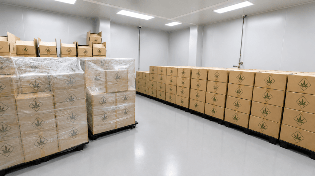 Temperature-controlled warehouse storing palletised boxes of packaged medicinal cannabis products ready for distribution and export.