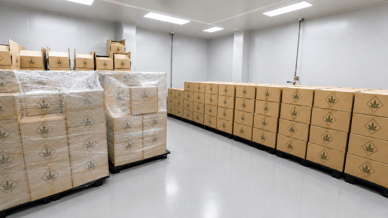 Temperature-controlled warehouse storing palletised boxes of packaged medicinal cannabis products ready for distribution and export.