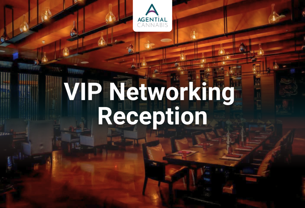 Agential Cannabis 2026 VIP Networking Reception graphic featuring the warm interior of The District Grill Room & Bar in Bangkok, with the Agential Cannabis logo and VIP Networking Reception title.