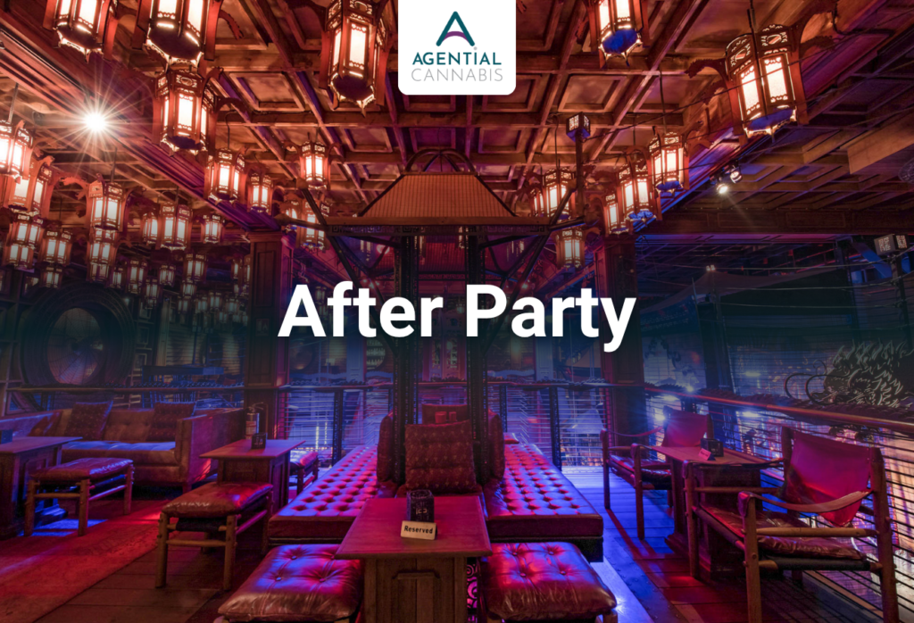 Agential Cannabis 2026 After Party graphic featuring the atmospheric interior of Sing Sing Theater in Bangkok, with the Agential Cannabis logo above the event title.