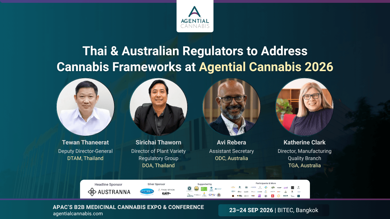 Thai and Australian regulators speaking at Agential Cannabis 2026, including Tewan Thaneerat, Sirichai Thaworn, Avi Rebera and Katherine Clark, with event details for 23–24 September 2026 at BITEC Bangkok.