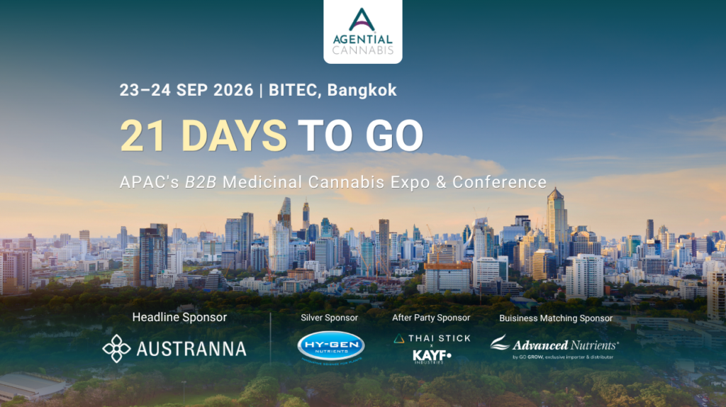 Agential Cannabis 2026 event banner featuring the Bangkok skyline, announcing 21 days to go until the B2B Medicinal Cannabis Expo & Conference at BITEC Bangkok on 23–24 September 2026, with sponsors Austranna, HY-GEN, Thai Stick/KAYF and Advanced Nutrients by Go Grow.